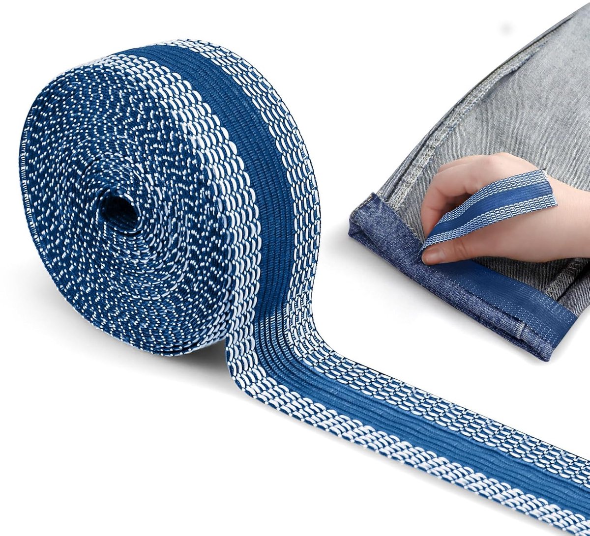Iron-on tape - 10 m*2.5 cm - Hemming tape - Hemming tape for trousers - Curtain tape - pleating tape - iron-on hem tape - self-adhesive tape without sewing - for hemming - washable repair tape - for jeans, suit trousers, waistband - blue - Image 1