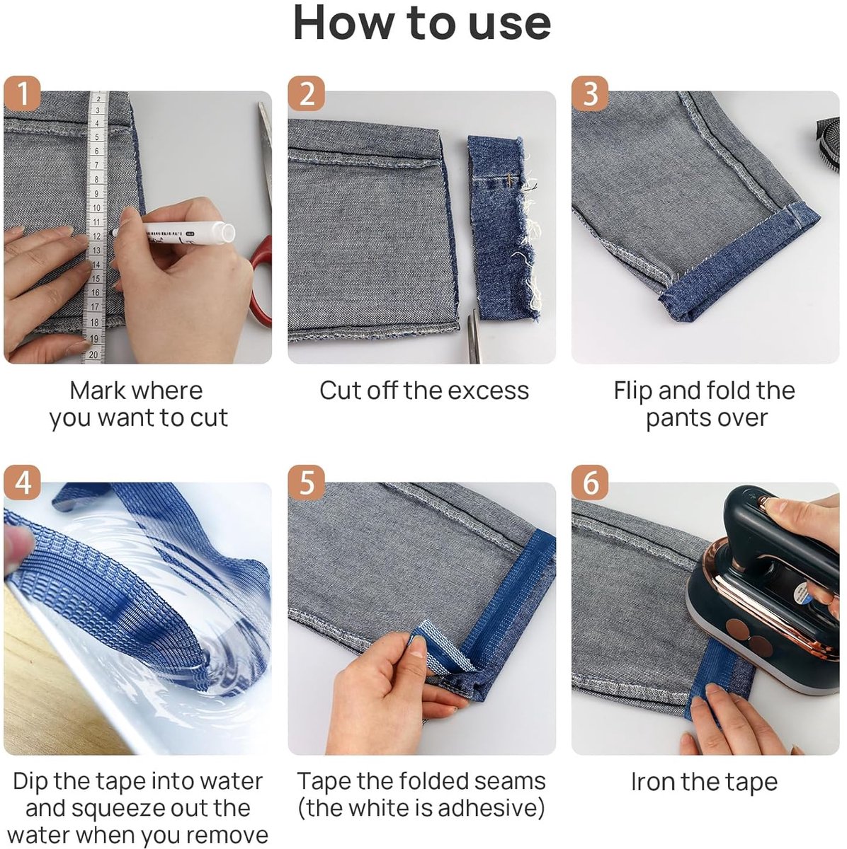 Iron-on tape - 10 m*2.5 cm - Hemming tape - Hemming tape for trousers - Curtain tape - pleating tape - iron-on hem tape - self-adhesive tape without sewing - for hemming - washable repair tape - for jeans, suit trousers, waistband - blue - Image 4