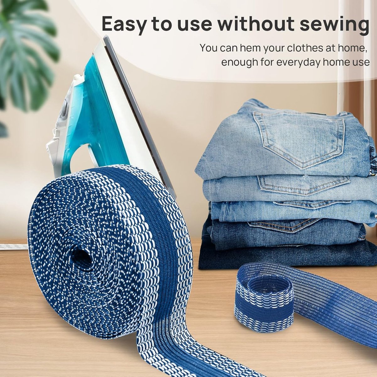 Iron-on tape - 10 m*2.5 cm - Hemming tape - Hemming tape for trousers - Curtain tape - pleating tape - iron-on hem tape - self-adhesive tape without sewing - for hemming - washable repair tape - for jeans, suit trousers, waistband - blue - Image 6