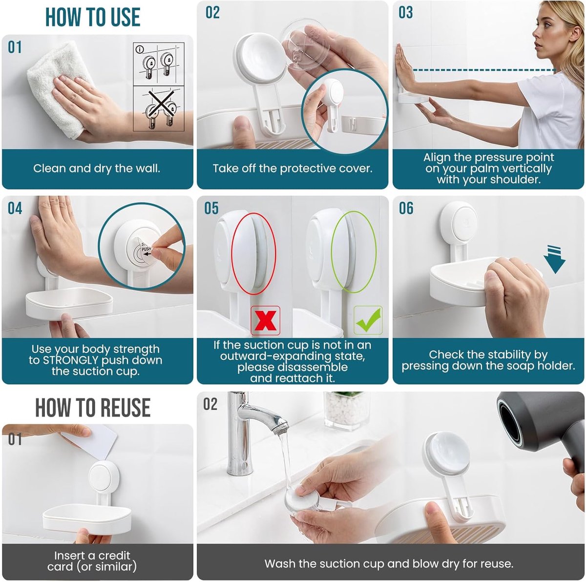 Soap holder - Soap dish with suction cup - Soap holder - Soap dish - Soap box - self-draining soap dish - suction cup soap holder - no drilling - reusable - bathroom accessories - for shower, bathroom, kitchen sink - 11.5*8.5*14 cm - white - Image 6
