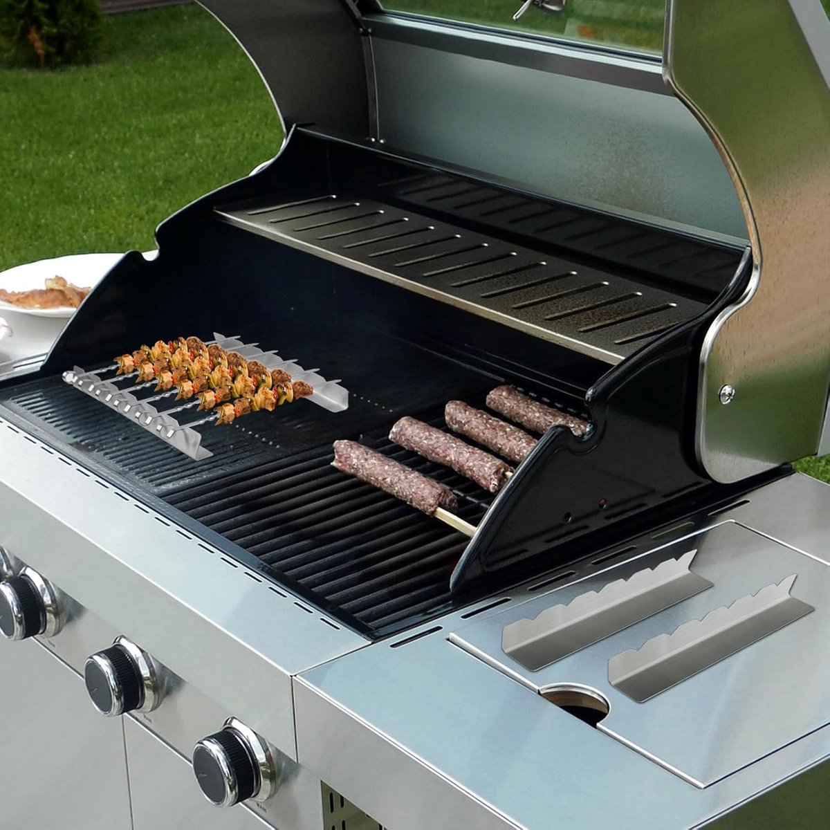 4 pieces - Skewer holder - Stainless steel skewer rack - BBQ Skewer Holder - Stainless Steel Skewer Holder - Shish kebab - stainless steel grill - BBQ accessories - for long barbecue skewers - 30*3.5*4.5 cm - silver - Image 4