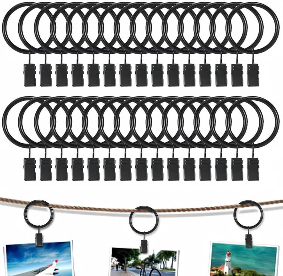 30 Pieces - Curtain Rings with Clips - Shower Curtain - Stainless Steel Curtain Rings - Metal Curtain Hooks - Curtain Rod Ring - for Shower and Window Curtains - Black - Image 1