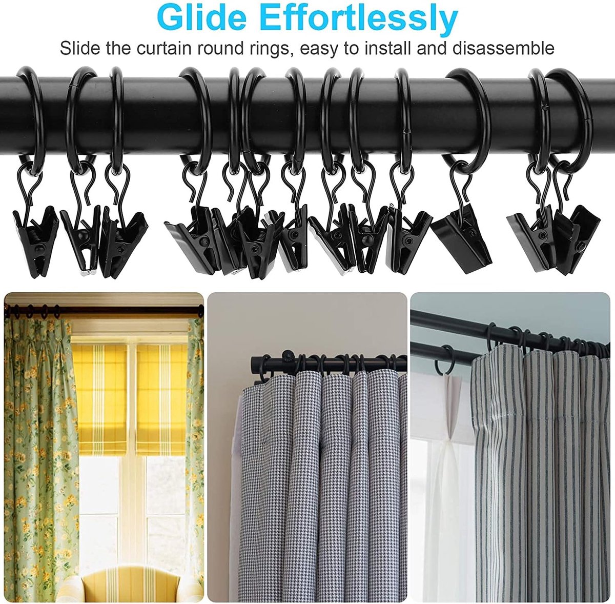 30 Pieces - Curtain Rings with Clips - Shower Curtain - Stainless Steel Curtain Rings - Metal Curtain Hooks - Curtain Rod Ring - for Shower and Window Curtains - Black - Image 3
