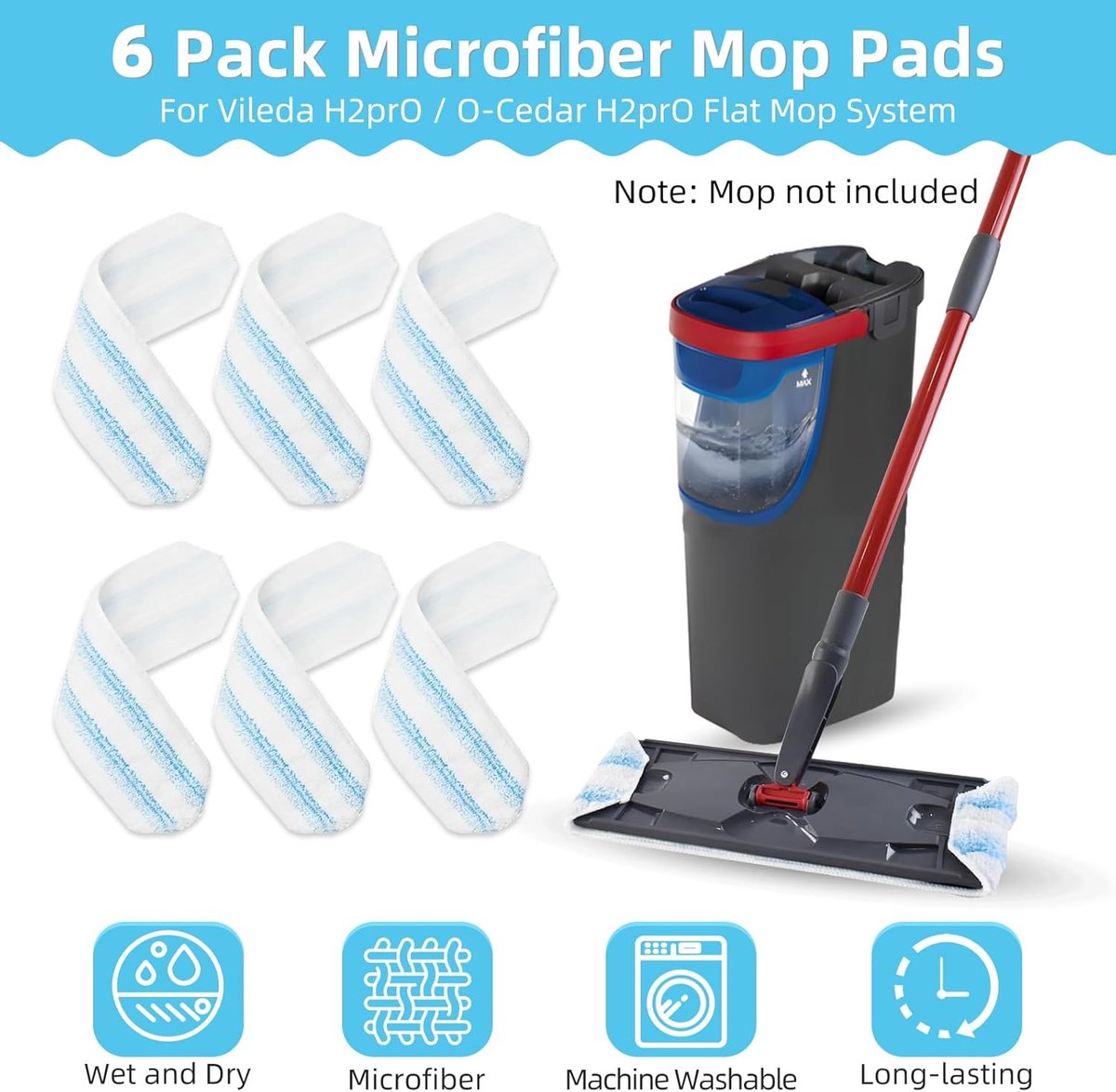 6-piece replacement mop pad set suitable for O Cedar H2prO mop system, suitable for Vileda H2PrO Flat Mop Refill Kit - mop head replacement - replacement mop pads - machine washable, reusable, easy to install, for all hard floors - Image 5