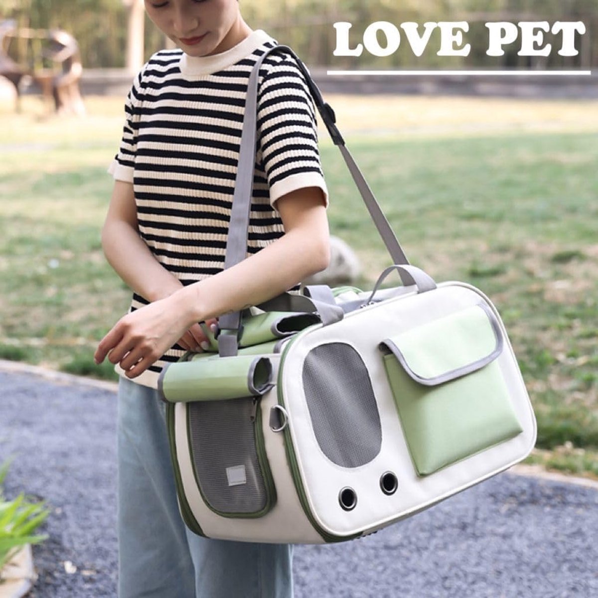 Cat and Dog Transport Bag - Travel Basket - Foldable Cat Transport Box - Cat Bag - Pet Carrier Bag with breathable holes and pockets - for medium-sized cats, small dogs - Dog Bag - 45 x 28 x 26 cm - Green - Image 3