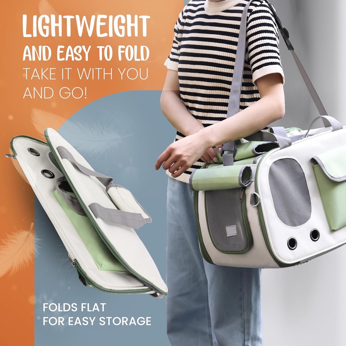 Cat and Dog Transport Bag - Travel Basket - Foldable Cat Transport Box - Cat Bag - Pet Carrier Bag with breathable holes and pockets - for medium-sized cats, small dogs - Dog Bag - 45 x 28 x 26 cm - Green - Image 6