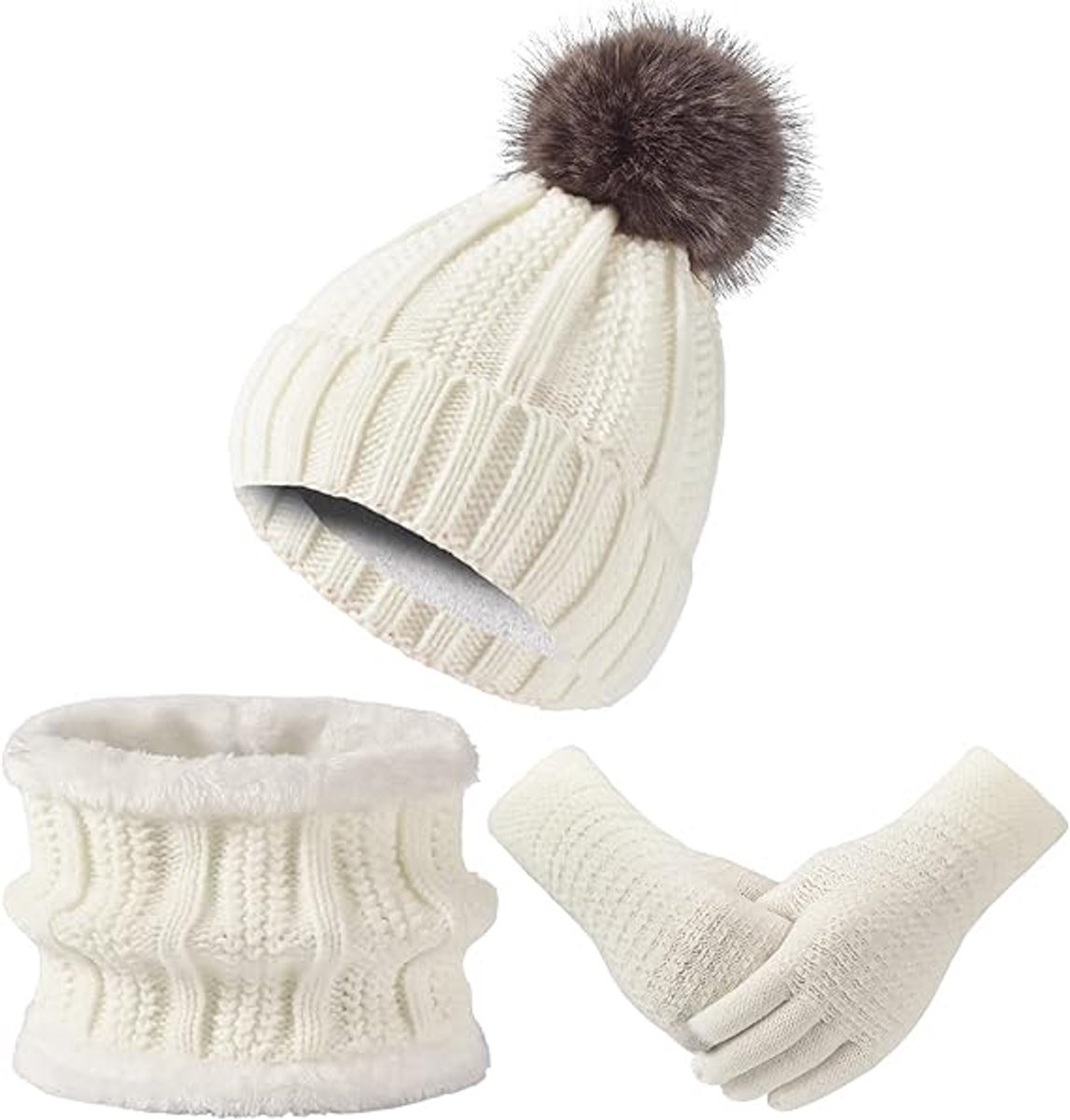 Hat with pompom, scarf and gloves - Three-piece Winter set - knitted fabrics - Warm Baggy Ski Hat - Winter Hat - Neck Warmer - Gloves - Touchscreen Gloves - for Outdoor play, skiing, motorcycling, windproof - for Men, Women - White - Image 1