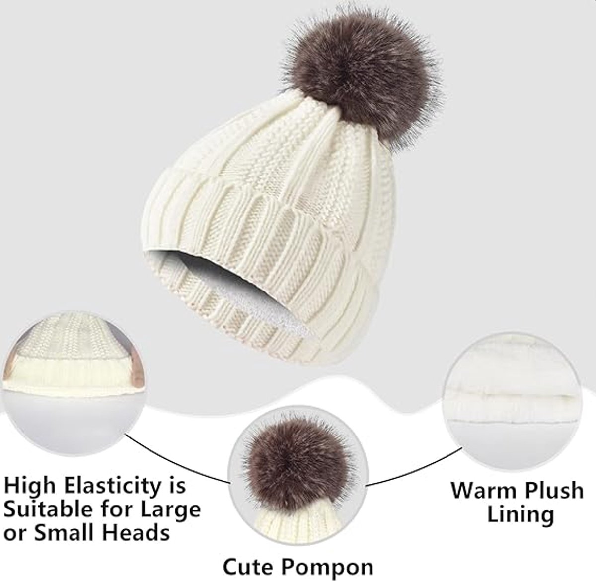 Hat with pompom, scarf and gloves - Three-piece Winter set - knitted fabrics - Warm Baggy Ski Hat - Winter Hat - Neck Warmer - Gloves - Touchscreen Gloves - for Outdoor play, skiing, motorcycling, windproof - for Men, Women - White - Image 2