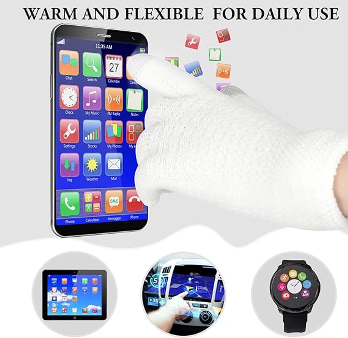 Hat with pompom, scarf and gloves - Three-piece Winter set - knitted fabrics - Warm Baggy Ski Hat - Winter Hat - Neck Warmer - Gloves - Touchscreen Gloves - for Outdoor play, skiing, motorcycling, windproof - for Men, Women - White - Image 3