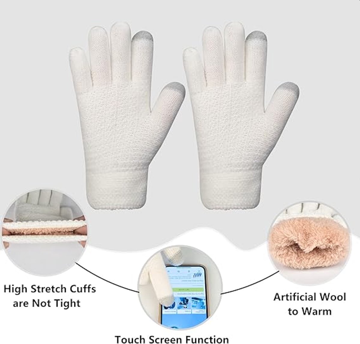 Hat with pompom, scarf and gloves - Three-piece Winter set - knitted fabrics - Warm Baggy Ski Hat - Winter Hat - Neck Warmer - Gloves - Touchscreen Gloves - for Outdoor play, skiing, motorcycling, windproof - for Men, Women - White - Image 5