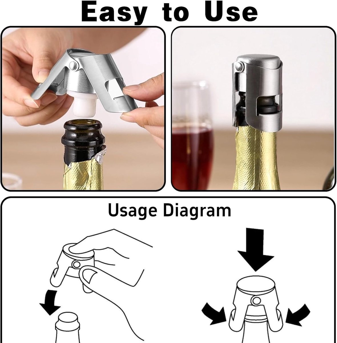 pieces - Stainless steel champagne stoppers - Reusable - champagne corks and stoppers - Food-grade anti-bubble wine stoppers - Leak-proof - For champagne, cava and prosecco - 5.5*3.8 cm - silver - Image 4