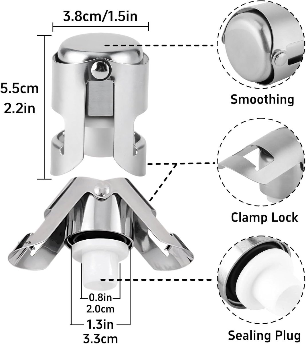 pieces - Stainless steel champagne stoppers - Reusable - champagne corks and stoppers - Food-grade anti-bubble wine stoppers - Leak-proof - For champagne, cava and prosecco - 5.5*3.8 cm - silver - Image 5