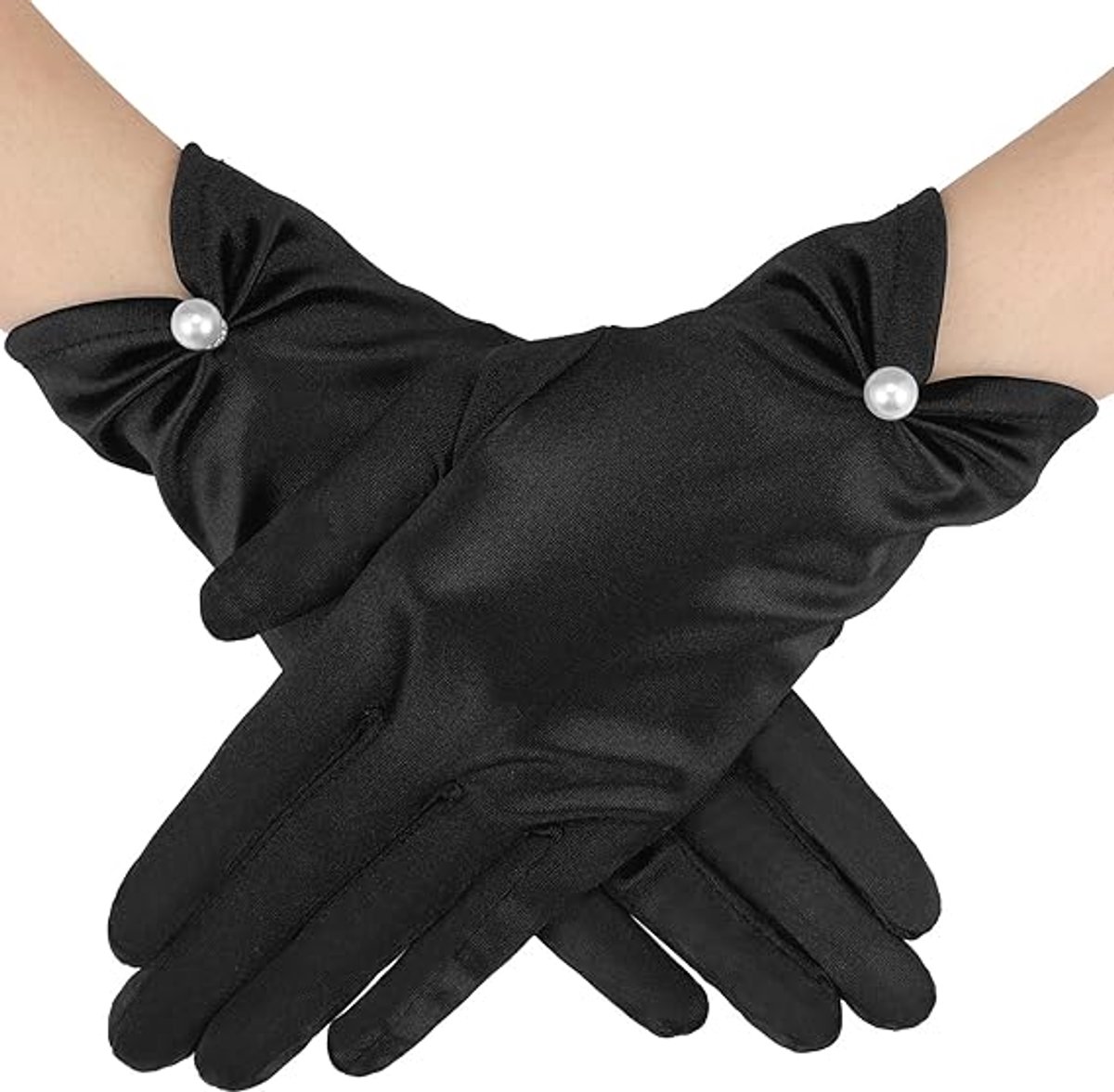 Gloves - Short satin gloves - Pearl glove - Wedding gloves - Satin tea party glove for ladies - Opera gloves - for tea party, tuxedo, dancing, wedding - 22*8 cm - black - Image 1