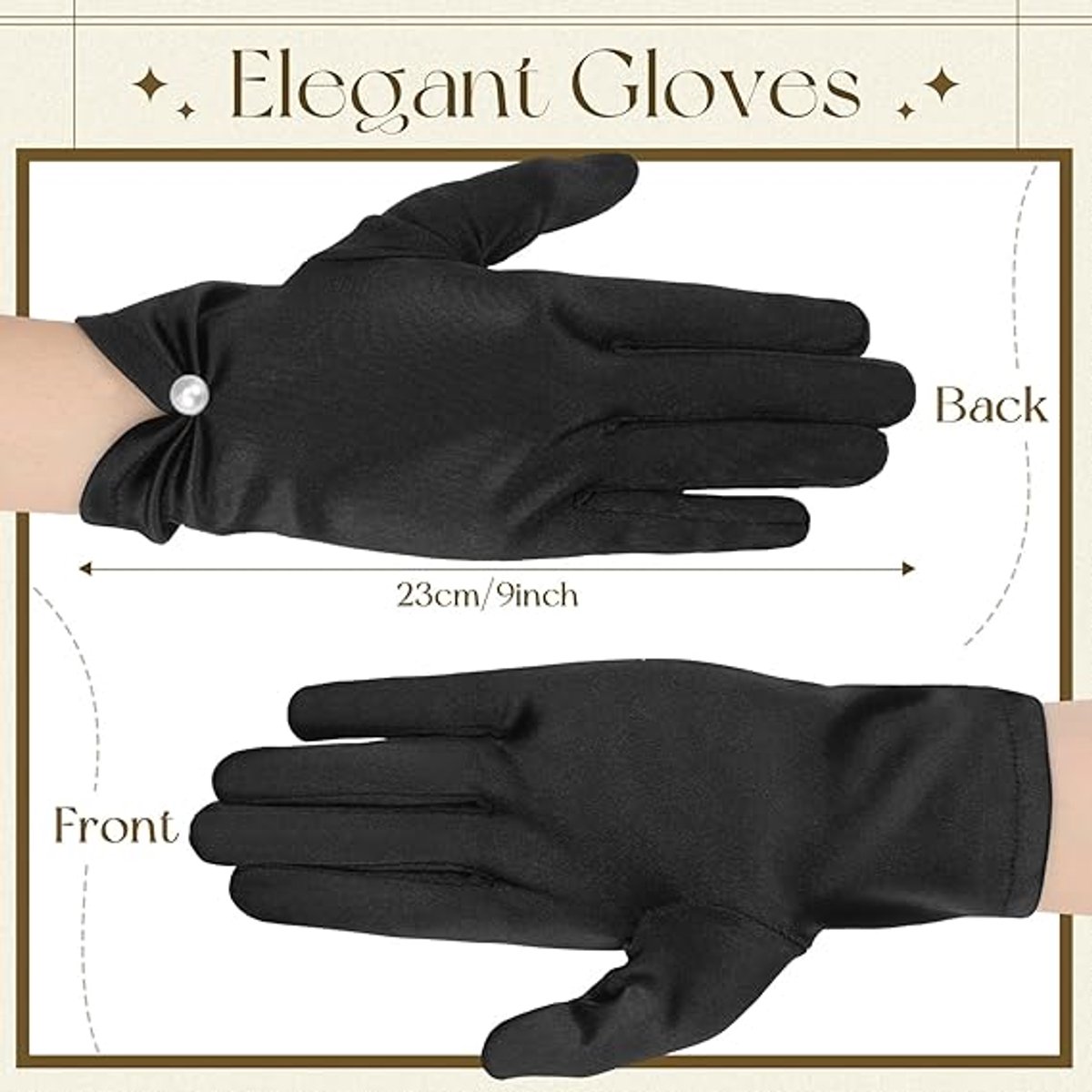 Gloves - Short satin gloves - Pearl glove - Wedding gloves - Satin tea party glove for ladies - Opera gloves - for tea party, tuxedo, dancing, wedding - 22*8 cm - black - Image 2