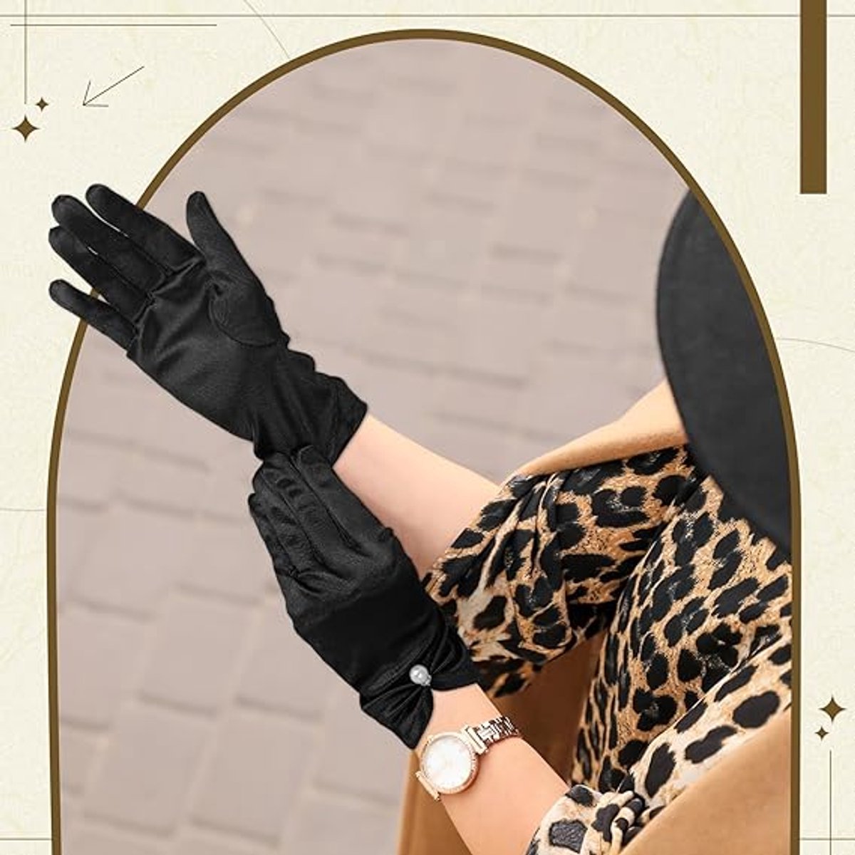 Gloves - Short satin gloves - Pearl glove - Wedding gloves - Satin tea party glove for ladies - Opera gloves - for tea party, tuxedo, dancing, wedding - 22*8 cm - black - Image 5