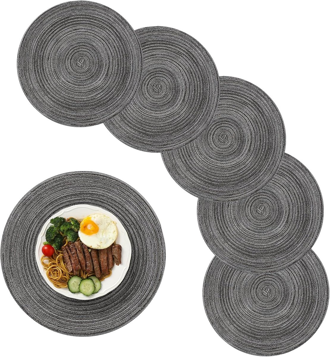 6 pieces - Table mats - Placemats - Round placemats - washable cotton placemats - round braided placemats - Round table mats - Woven placemats - Round placemats - grey - 38*38 cm - Image 1