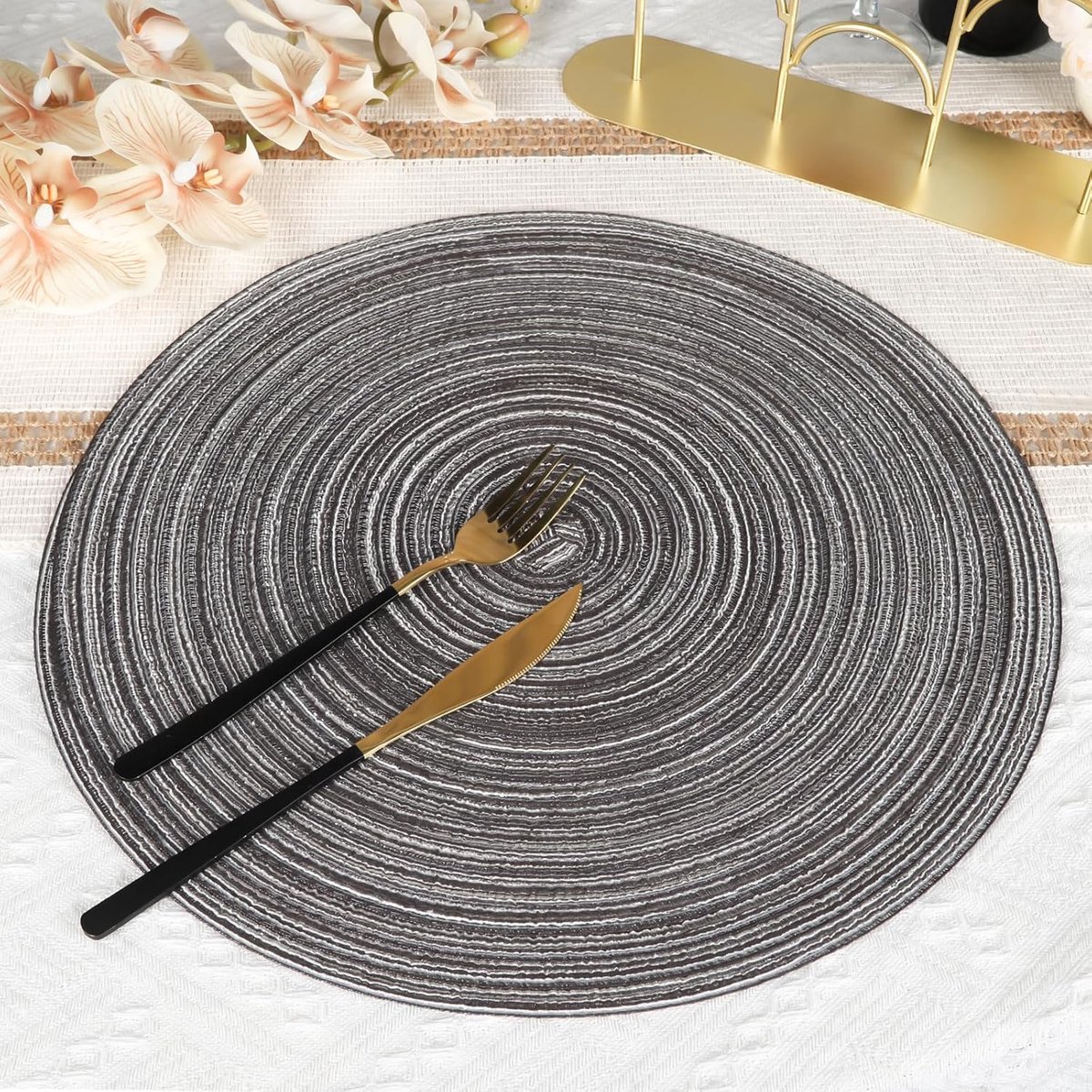 6 pieces - Table mats - Placemats - Round placemats - washable cotton placemats - round braided placemats - Round table mats - Woven placemats - Round placemats - grey - 38*38 cm - Image 3