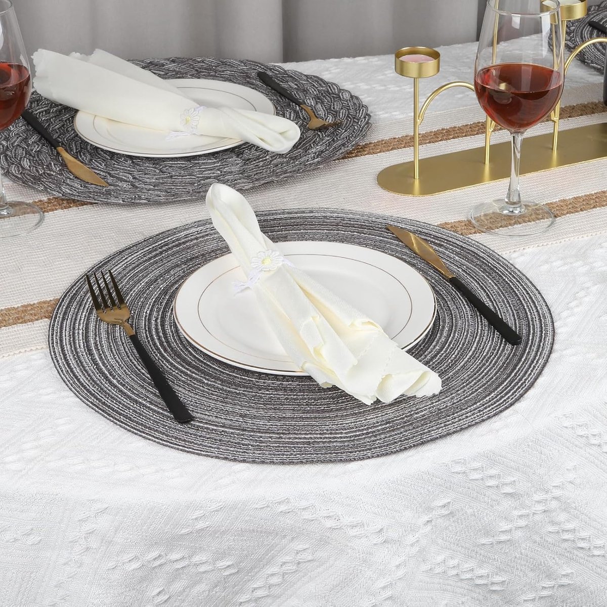 6 pieces - Table mats - Placemats - Round placemats - washable cotton placemats - round braided placemats - Round table mats - Woven placemats - Round placemats - grey - 38*38 cm - Image 4