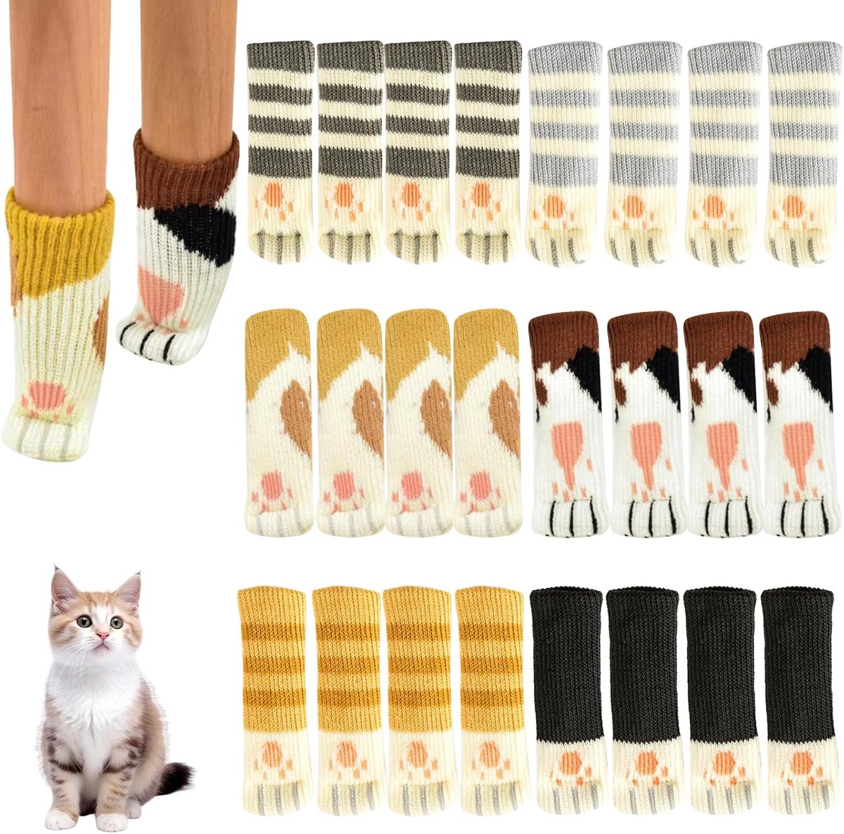 24 pieces - Furniture socks - Chair leg protectors - Floor protectors - Chair leg socks - Chair leg caps - cat paw chair socks - knitted non-slip chair leg floor protectors - sound-dampening furniture socks for hardwood floors - 6 sets - Image 1