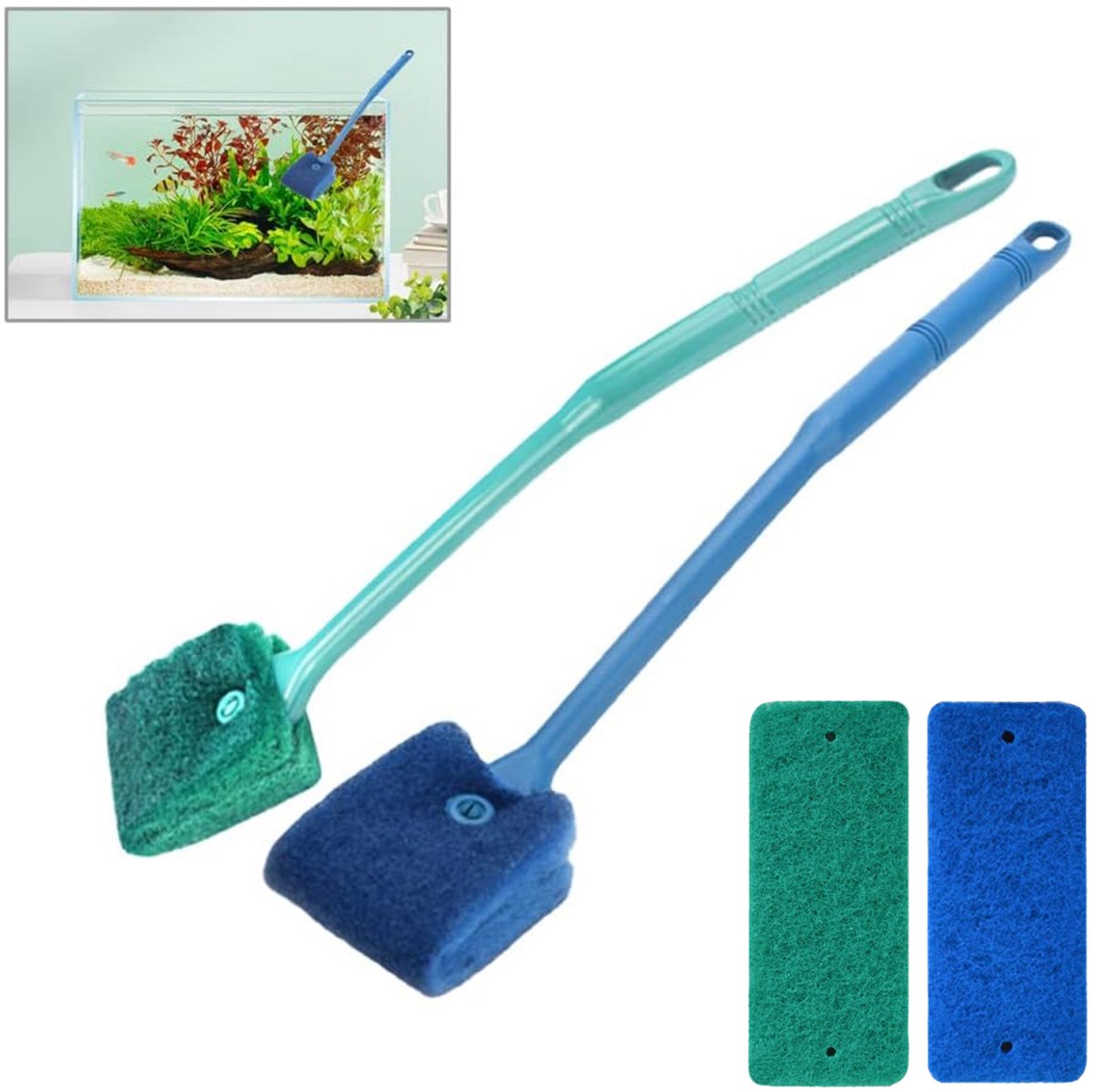 2 pieces - Aquarium Cleaning Brush - with 40 cm long handle - with 2 replacement cleaning cloths - sponge Brush with Long Handle - cleaning sponges - algae cleaning brush - accessories for cleaning aquarium glass - Blue, Green - Image 1