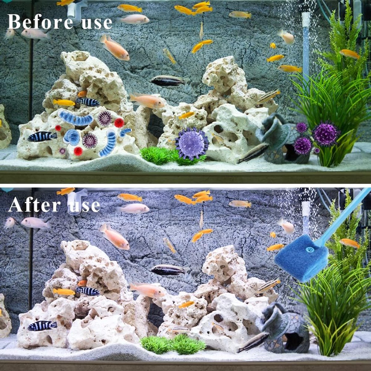 2 pieces - Aquarium Cleaning Brush - with 40 cm long handle - with 2 replacement cleaning cloths - sponge Brush with Long Handle - cleaning sponges - algae cleaning brush - accessories for cleaning aquarium glass - Blue, Green - Image 3