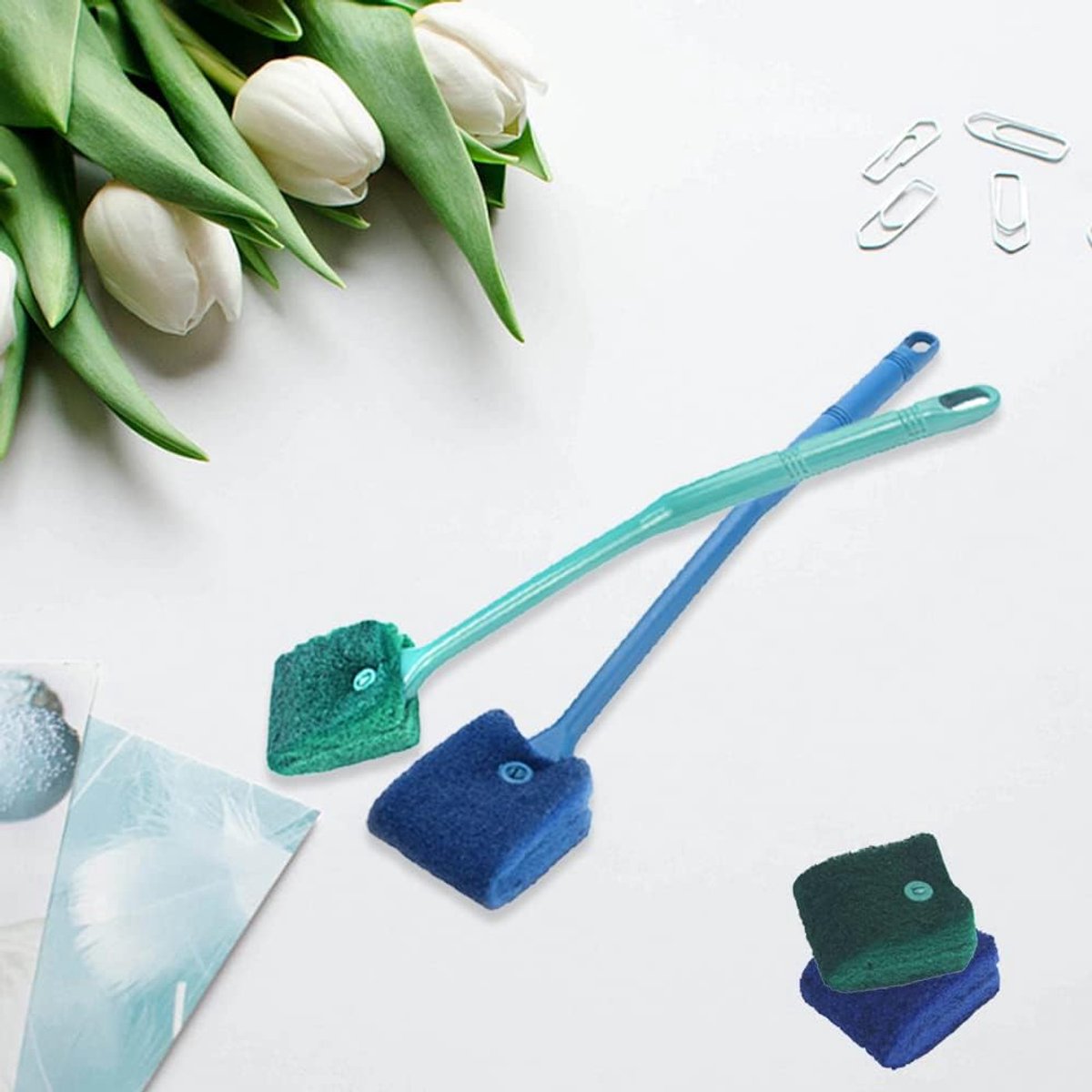 2 pieces - Aquarium Cleaning Brush - with 40 cm long handle - with 2 replacement cleaning cloths - sponge Brush with Long Handle - cleaning sponges - algae cleaning brush - accessories for cleaning aquarium glass - Blue, Green - Image 4