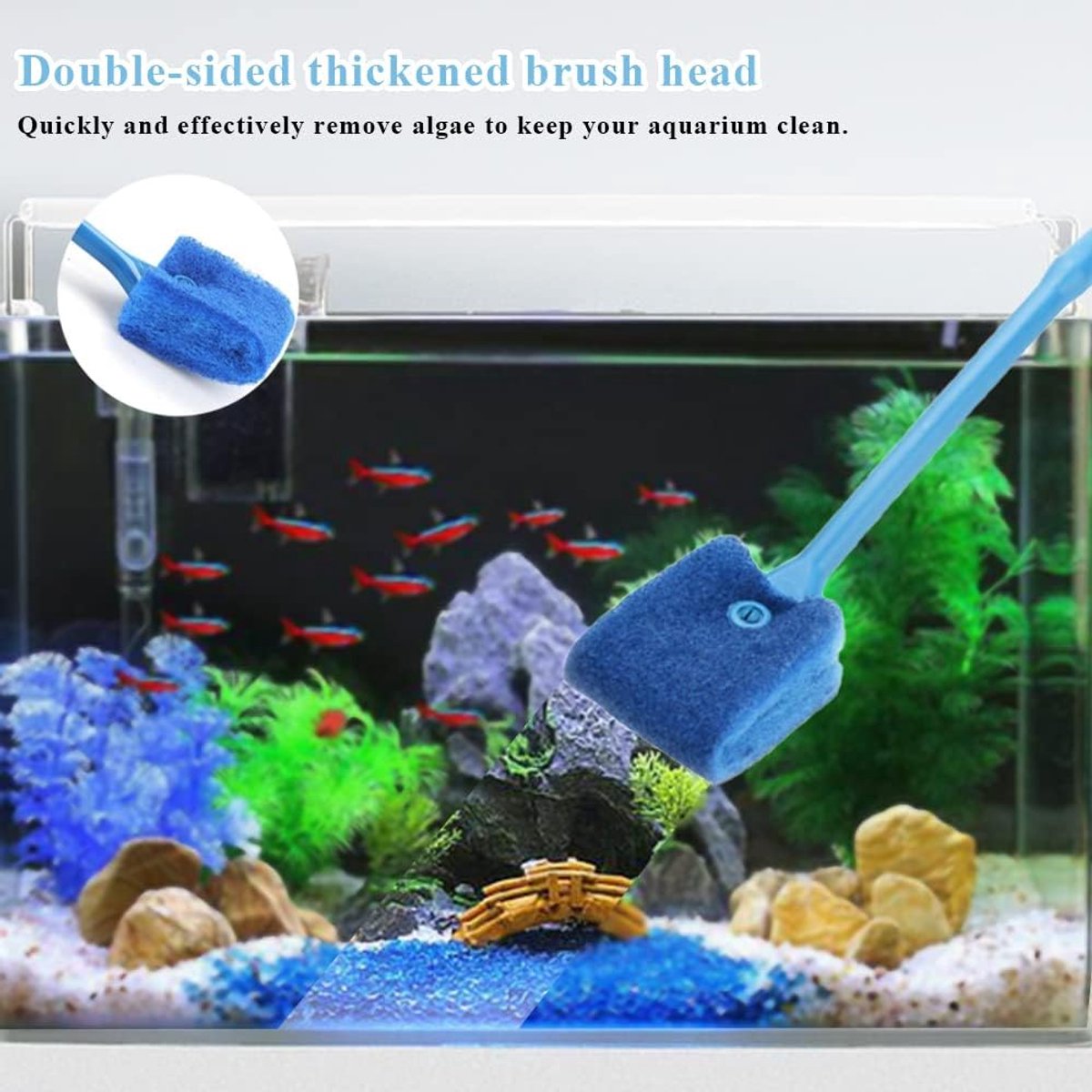 2 pieces - Aquarium Cleaning Brush - with 40 cm long handle - with 2 replacement cleaning cloths - sponge Brush with Long Handle - cleaning sponges - algae cleaning brush - accessories for cleaning aquarium glass - Blue, Green - Image 6