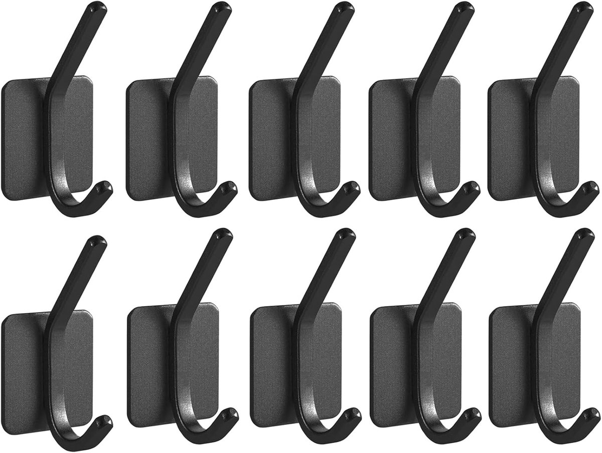 10 Pieces Heavy Duty Self-Adhesive Hooks - Wall Hook - Coat Rack - Coat Hook - No Drilling Required - Hanging Hooks - Wall Hook - Towel Hook - Bathroom Hooks - Easy to Install and Remove - For Home, School, and Office - Black - Image 1
