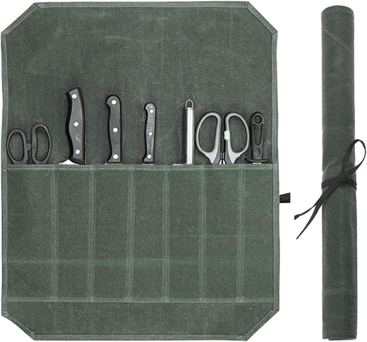 Chef Tools Protector - with 7 slots - Chef's knife roll bag - Knife bag - Waxed canvas knife bag - Cookware - knife case - knife holder - storage bag - cutlery tool roll bag - for camping - (Knives Not Included) - 45*56 cm - green - Image 1