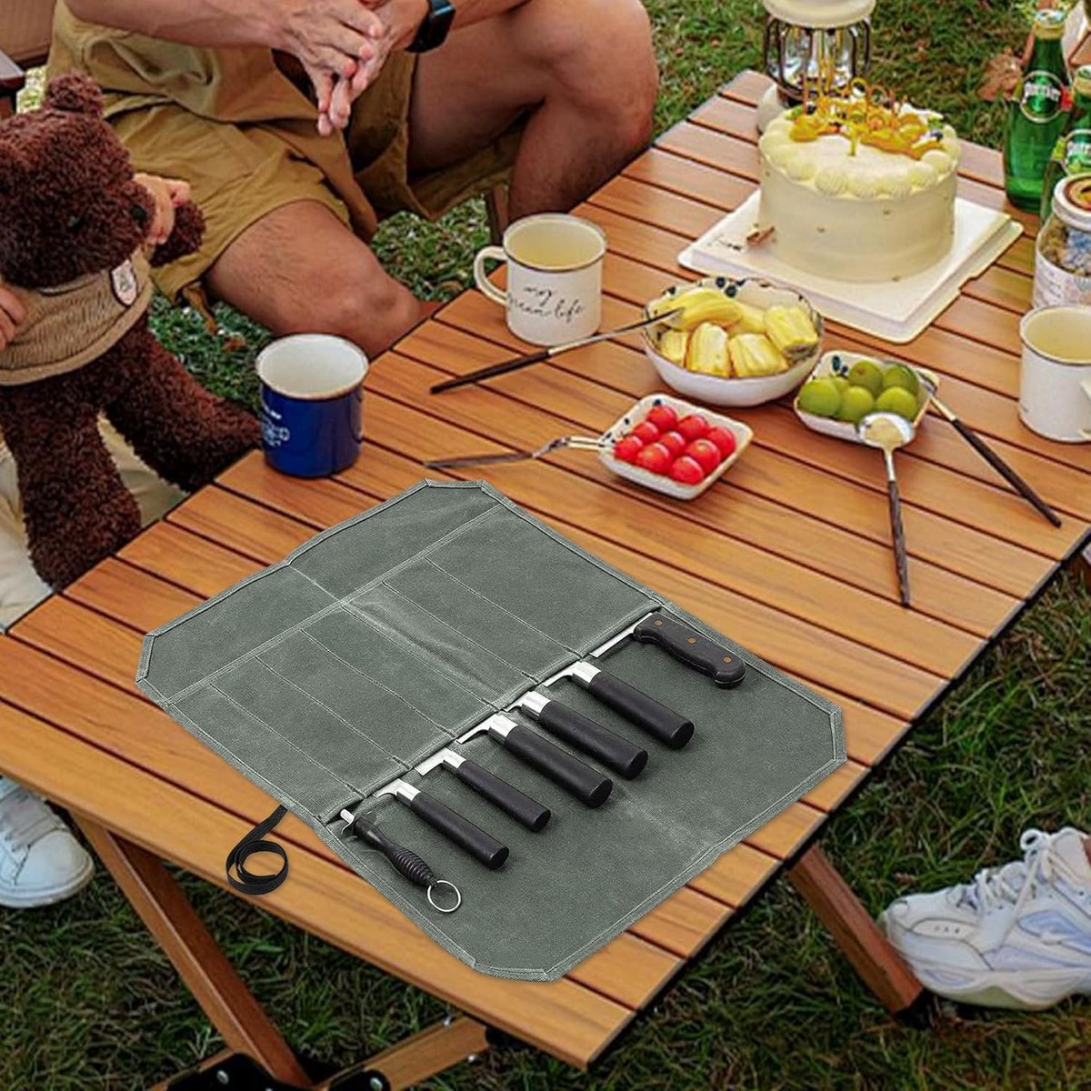 Chef Tools Protector - with 7 slots - Chef's knife roll bag - Knife bag - Waxed canvas knife bag - Cookware - knife case - knife holder - storage bag - cutlery tool roll bag - for camping - (Knives Not Included) - 45*56 cm - green - Image 2