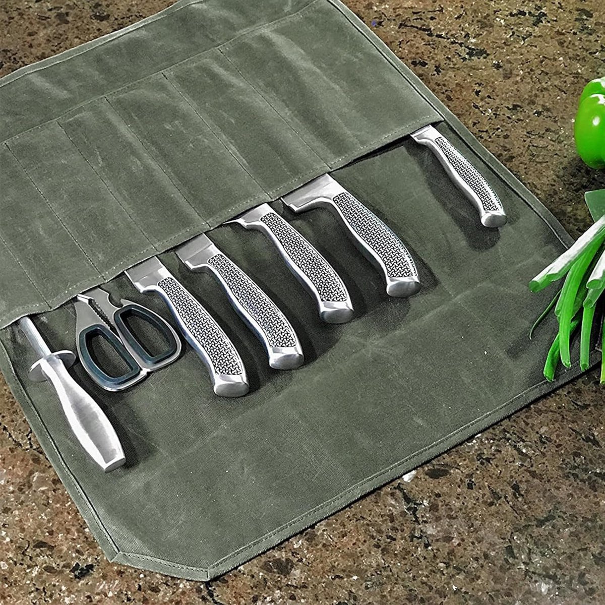 Chef Tools Protector - with 7 slots - Chef's knife roll bag - Knife bag - Waxed canvas knife bag - Cookware - knife case - knife holder - storage bag - cutlery tool roll bag - for camping - (Knives Not Included) - 45*56 cm - green - Image 3