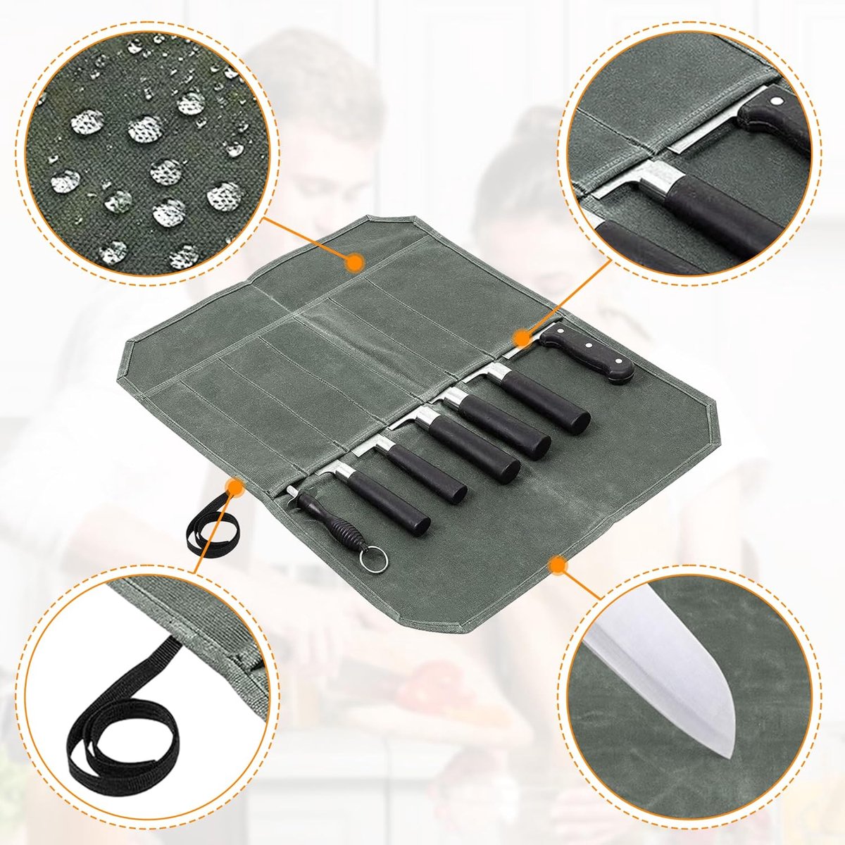 Chef Tools Protector - with 7 slots - Chef's knife roll bag - Knife bag - Waxed canvas knife bag - Cookware - knife case - knife holder - storage bag - cutlery tool roll bag - for camping - (Knives Not Included) - 45*56 cm - green - Image 4