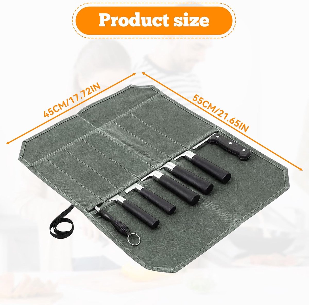 Chef Tools Protector - with 7 slots - Chef's knife roll bag - Knife bag - Waxed canvas knife bag - Cookware - knife case - knife holder - storage bag - cutlery tool roll bag - for camping - (Knives Not Included) - 45*56 cm - green - Image 5