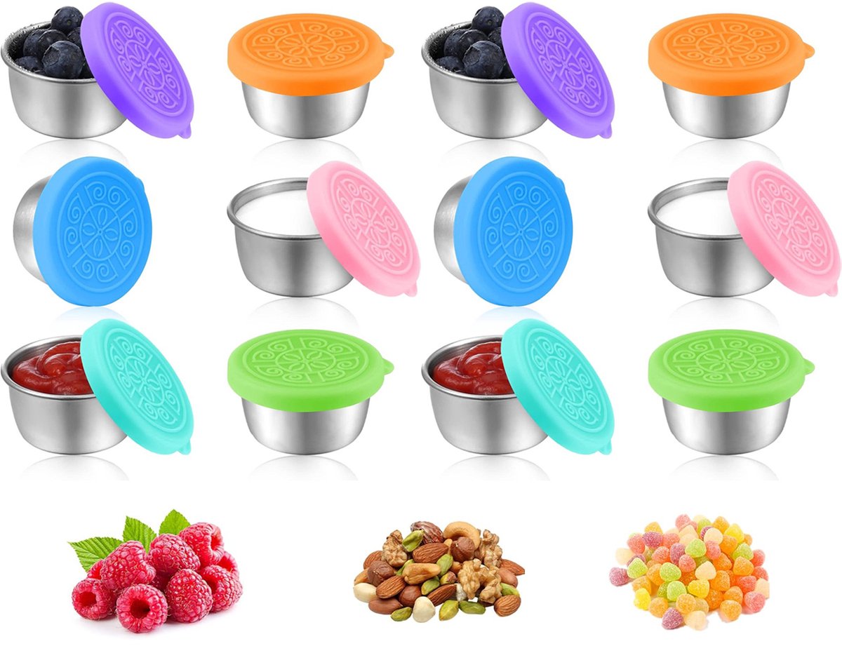 Mini Food Storage Containers - Stainless Steel Snack Box - Set of 12 Dressing Jars - Small Stainless Steel Sauce Container - Durable Snack Boxes - Freezer Containers - Dressing Container - Sauce Cups - 50ML Dressing Container With Silicone Lids - for Sala - Image 1