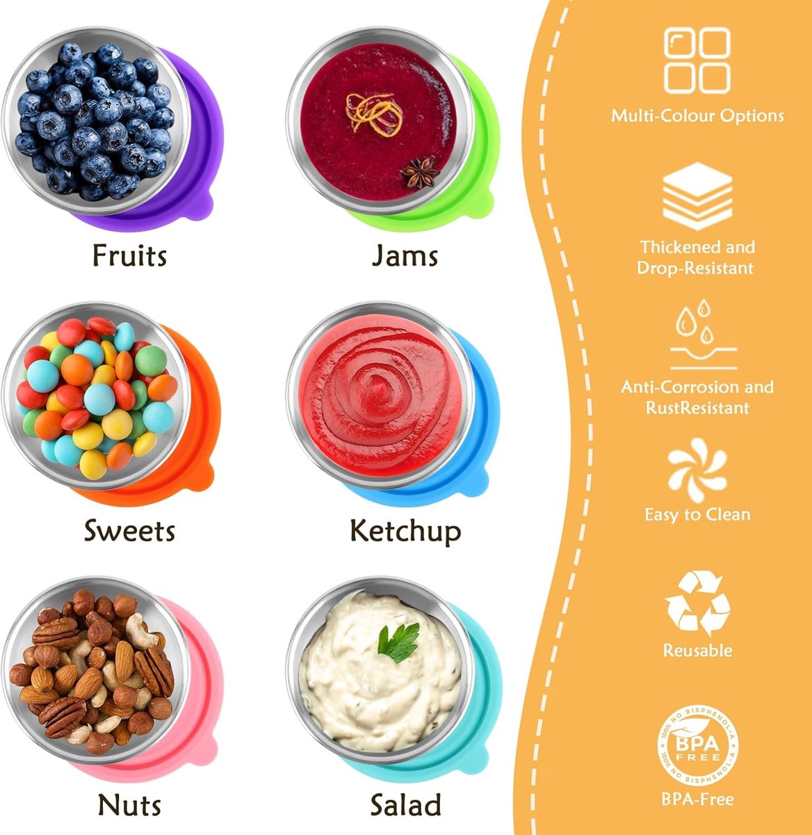 Mini Food Storage Containers - Stainless Steel Snack Box - Set of 12 Dressing Jars - Small Stainless Steel Sauce Container - Durable Snack Boxes - Freezer Containers - Dressing Container - Sauce Cups - 50ML Dressing Container With Silicone Lids - for Sala - Image 6