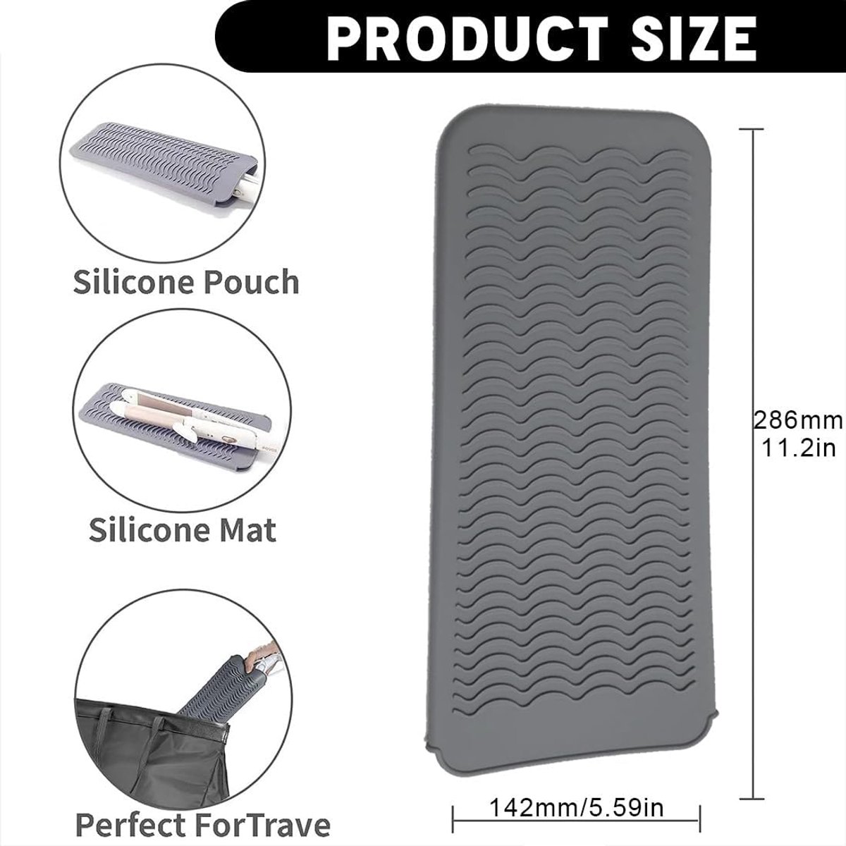 Heat-resistant mat - Heat-resistant pads - Heat mat - Silicone case - - Silicone protective pads - Curling iron mat - Straightener mat - storage bag - storage pouch - for curling irons, straighteners, and hair styling tools - 286*142*9mm - grey - Image 5