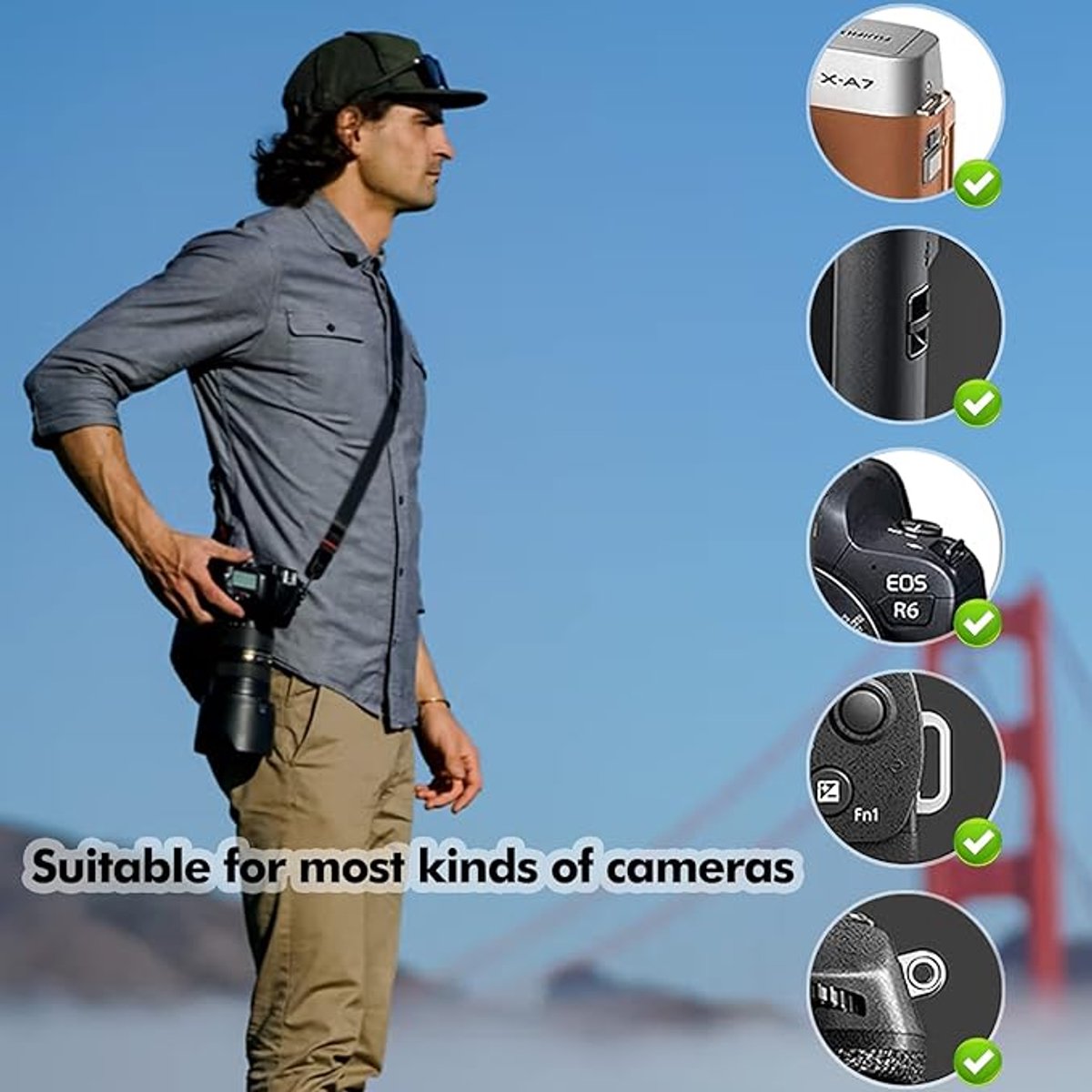 Camera Strap Compact - Wrist Strap for DSLR Camera - Neck Strap Band - Belt - Shoulder Strap - Camera Strap Set - Carrying Strap - Adjustable Length - Suitable for Canon, Nikon, Sony DSLR - Black - Image 4