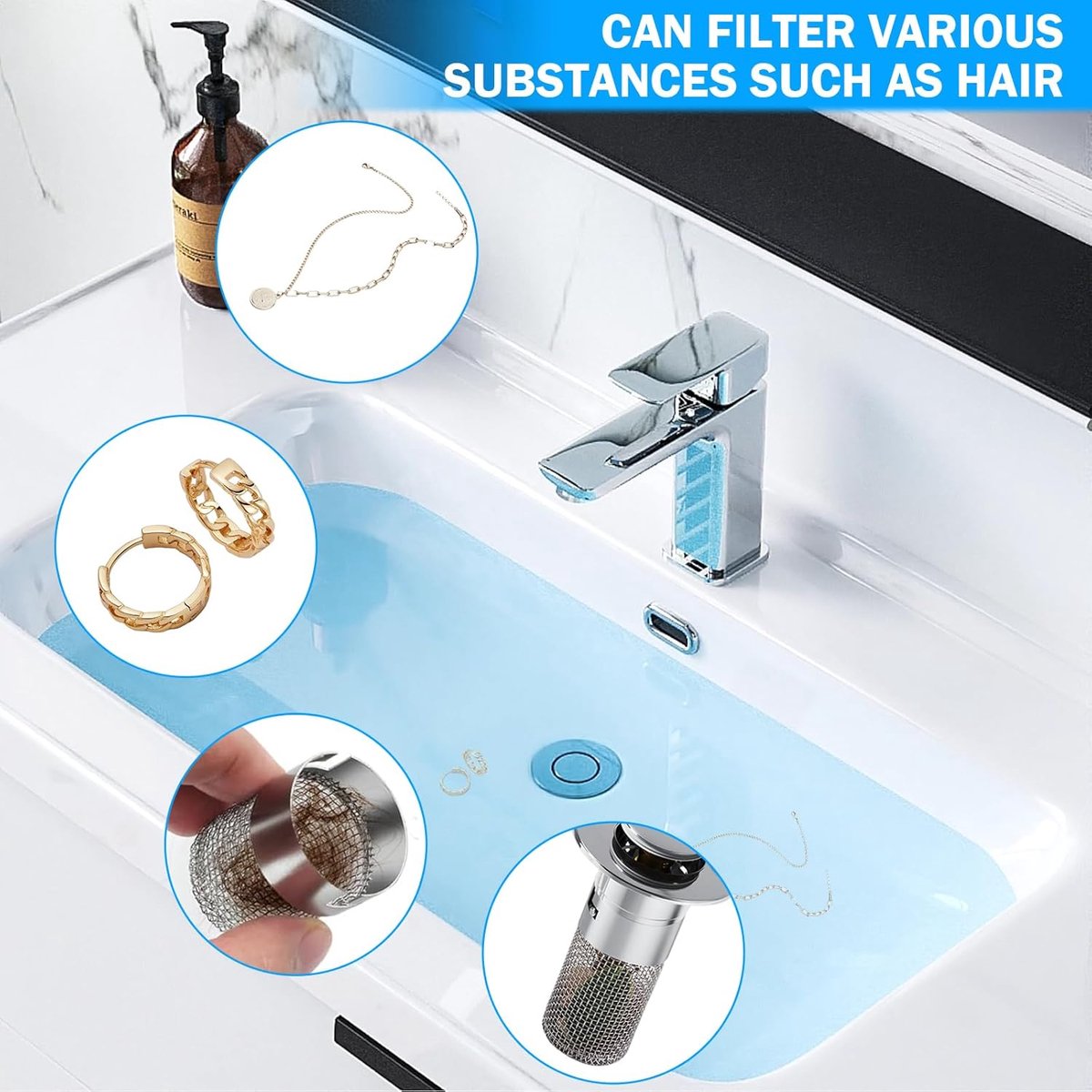 Pieces Drain 34-40mm - Drain Stopper - Improved Bathroom Washbasin Drain Plug with Hair Strain - Drain Set - With Anti-Clog Screen - Stopper - Removable Strainer Drain Plug - Drain Plug for Surface-Mounted Sinks - Bath Drain Stopper - Image 4