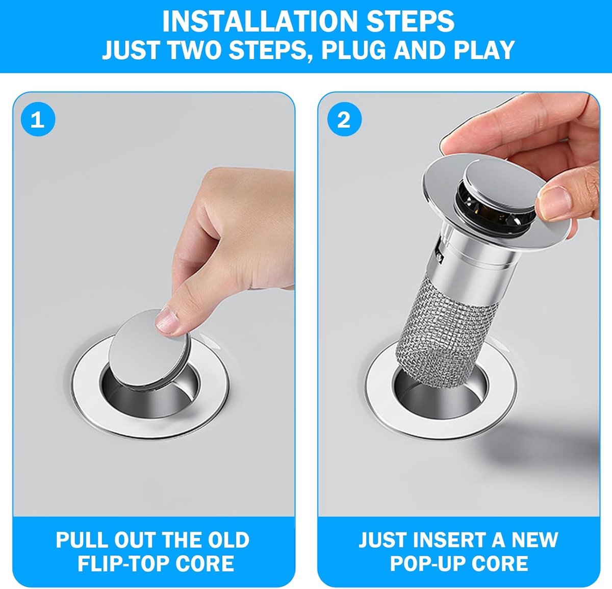 Pieces Drain 34-40mm - Drain Stopper - Improved Bathroom Washbasin Drain Plug with Hair Strain - Drain Set - With Anti-Clog Screen - Stopper - Removable Strainer Drain Plug - Drain Plug for Surface-Mounted Sinks - Bath Drain Stopper - Image 5