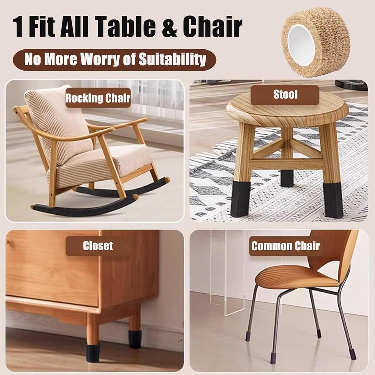 6 Rolls Chair Leg Floor Protectors - Self-Adhesive Bandage Wraps - Chair Leg Protectors - Anti-Slip Chair Leg Protectors - Chair Leg Protective Tape - Chair Leg Protectors - for Hardwood Floors, Noise Reduction - 2.5cm × 2m - Image 2