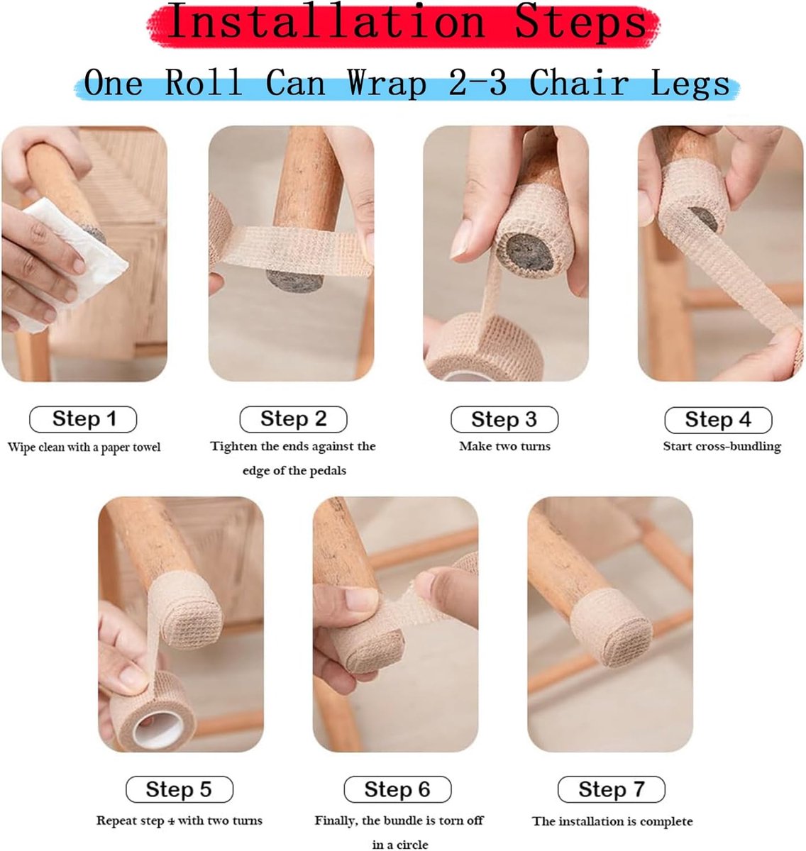 6 Rolls Chair Leg Floor Protectors - Self-Adhesive Bandage Wraps - Chair Leg Protectors - Anti-Slip Chair Leg Protectors - Chair Leg Protective Tape - Chair Leg Protectors - for Hardwood Floors, Noise Reduction - 2.5cm × 2m - Image 6