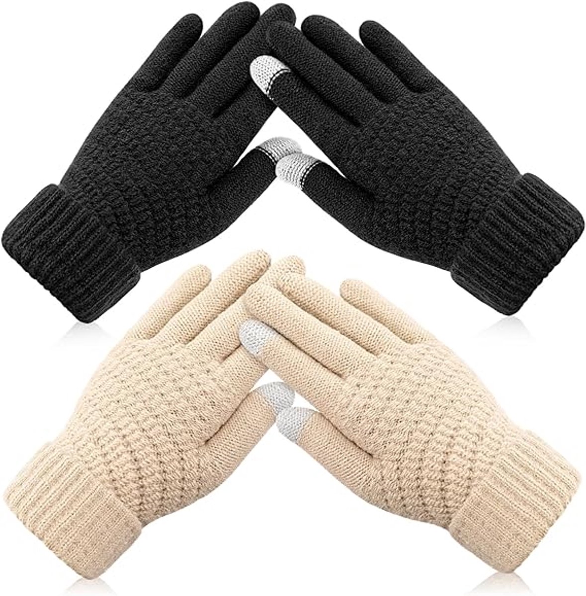 Winter Gloves - 2 Pairs Touchscreen Winter Gloves - Thermal Winter Gloves - Women's Winter Gloves - Mittens - Touch Tip Gloves for Cold Weather - Warm - Women's - One Size - Black and Beige - Image 1