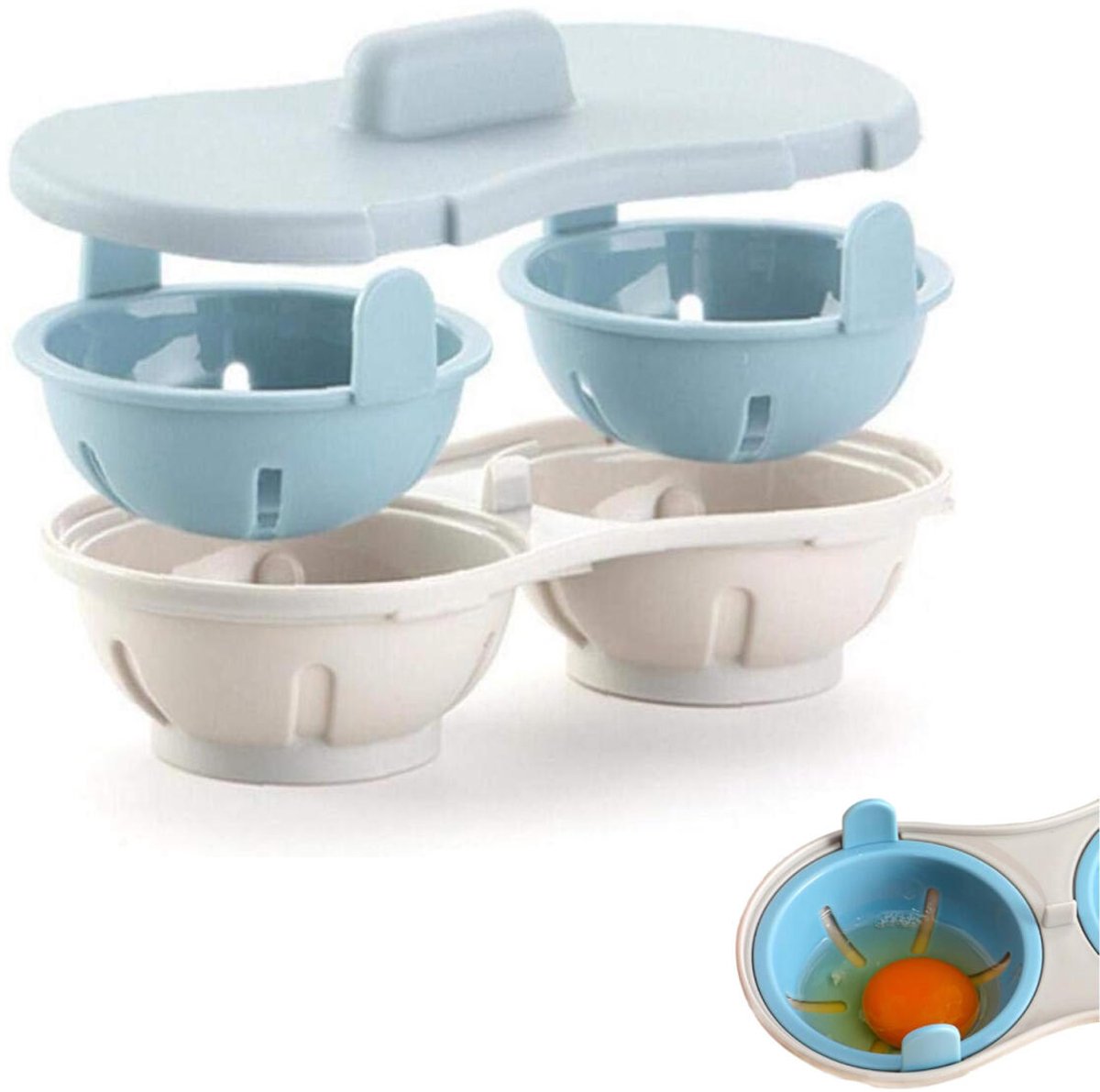 Microwave Egg Cooker - Egg Cooker - Egg Maker - 22*11*8 cm - Microwave egg cooker with 2 cavities - Poached Egg Maker - Poached Egg poacher - poached egg cups - Egg poacher - Egg Poaching Pan - Cooking Utensils - kitchen tools - blue - Image 1
