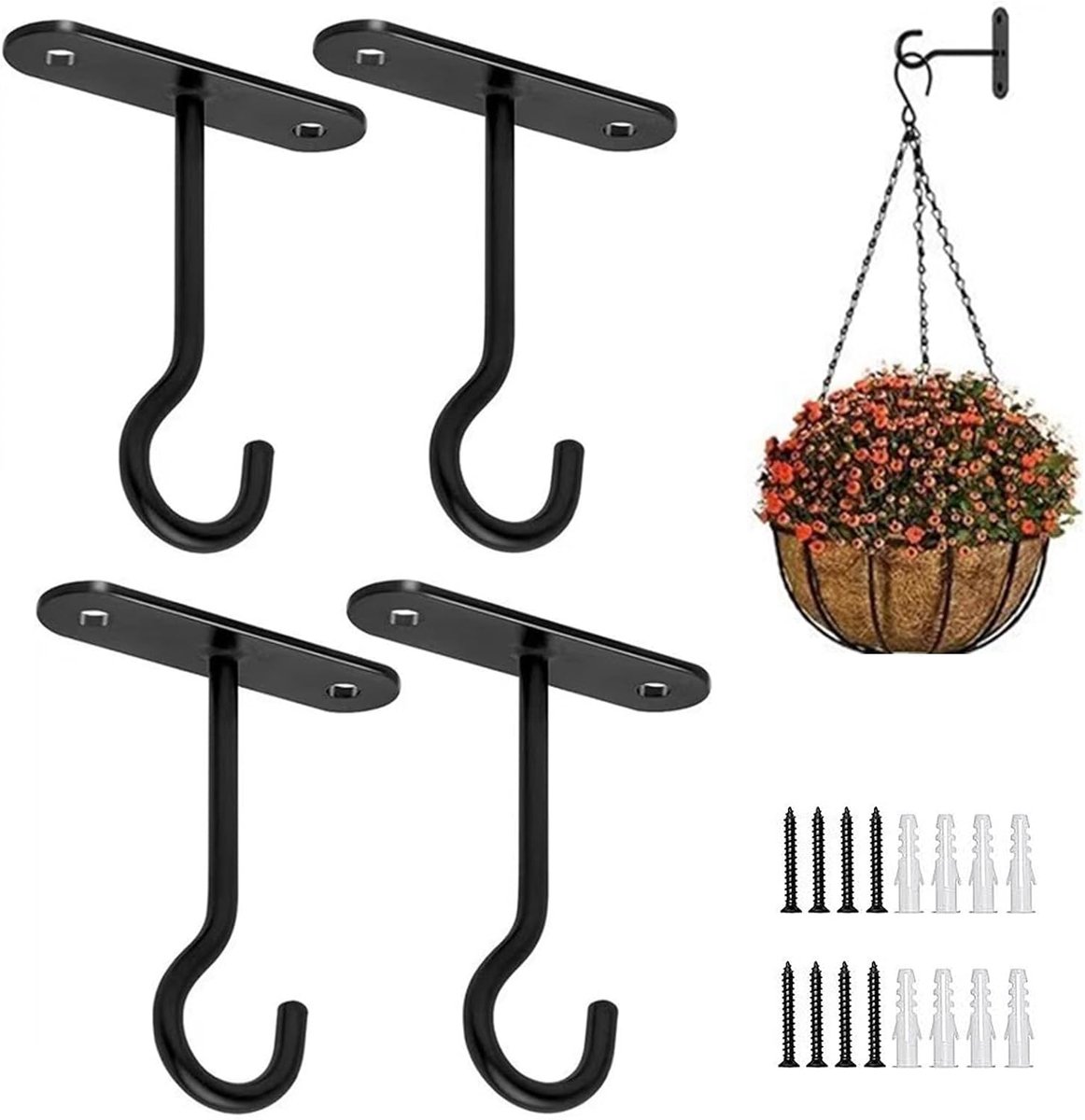 pieces - 10*7 cm - Ceiling hooks - metal hanging basket brackets - wall hooks - metal wall hooks - wall-mounted flower hangers - hanging plant hangers - with screws - for planters, bird feeders and lanterns - black - Image 1