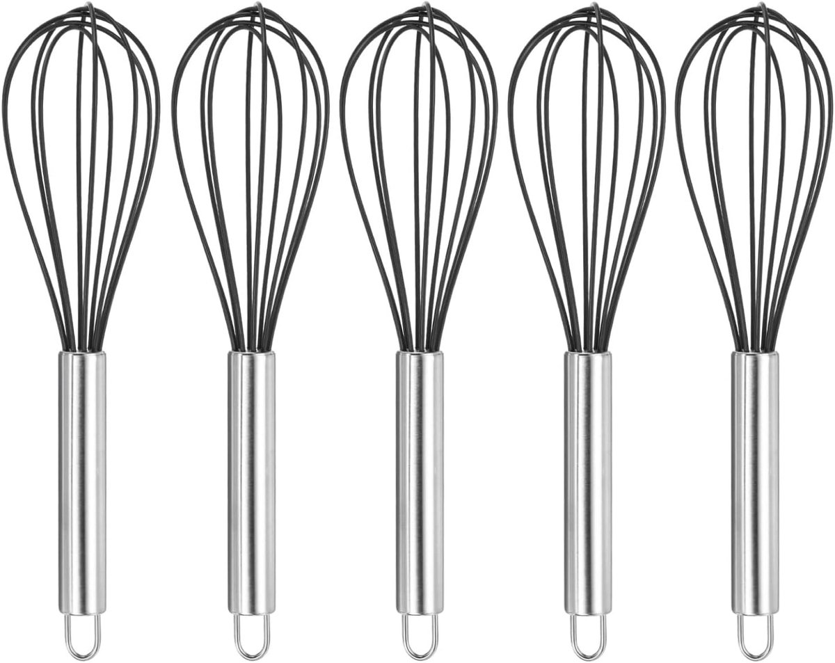 Set of 5 Egg Beaters - 10 Inch - Whisk - Beater Set - Kitchen Whisk - Hand Mixer - Silicone Egg Beater - Manual Egg Beater - Scratch-Free Beating - Non-Stick - for Beating Eggs, Blending, Whipping & Stirring - Black - Image 1
