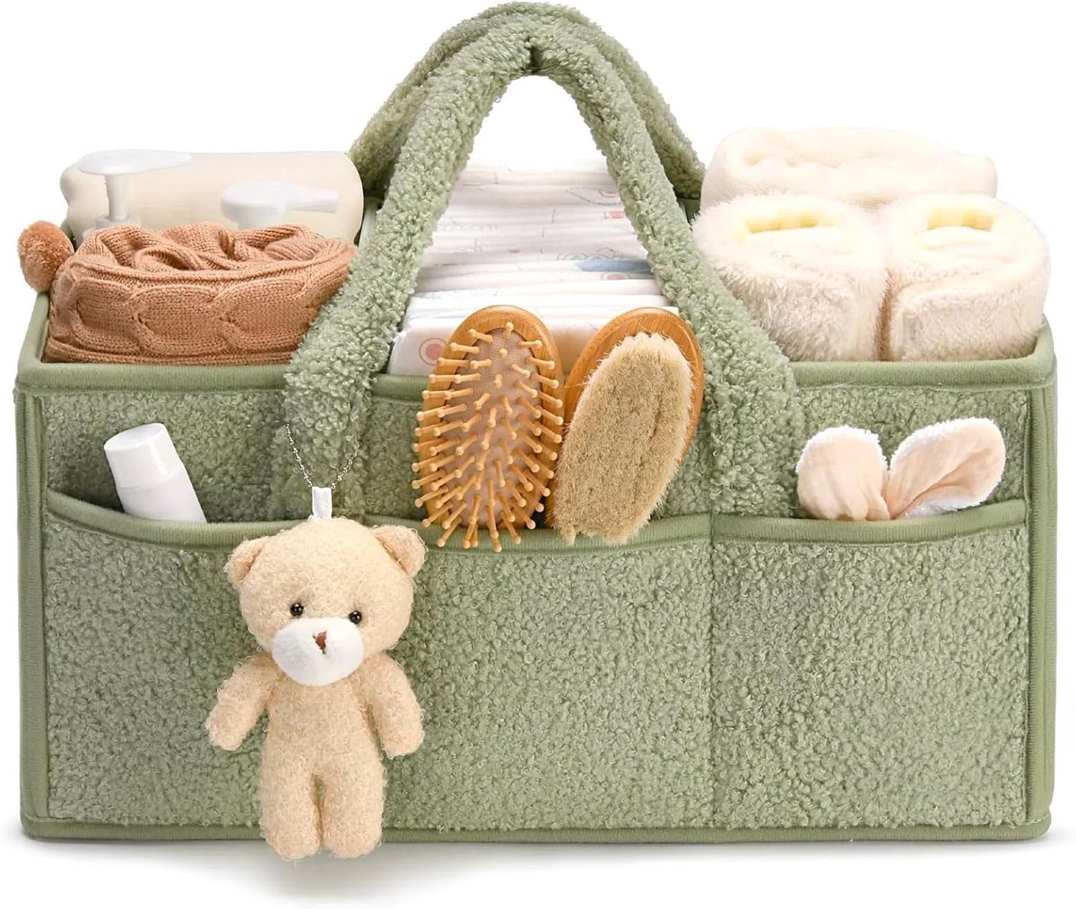 Baby storage basket - portable baby storage basket - felt baby storage - removable compartment - perfect for newborn essentials, storage, and diaper changing - Light green - Image 1