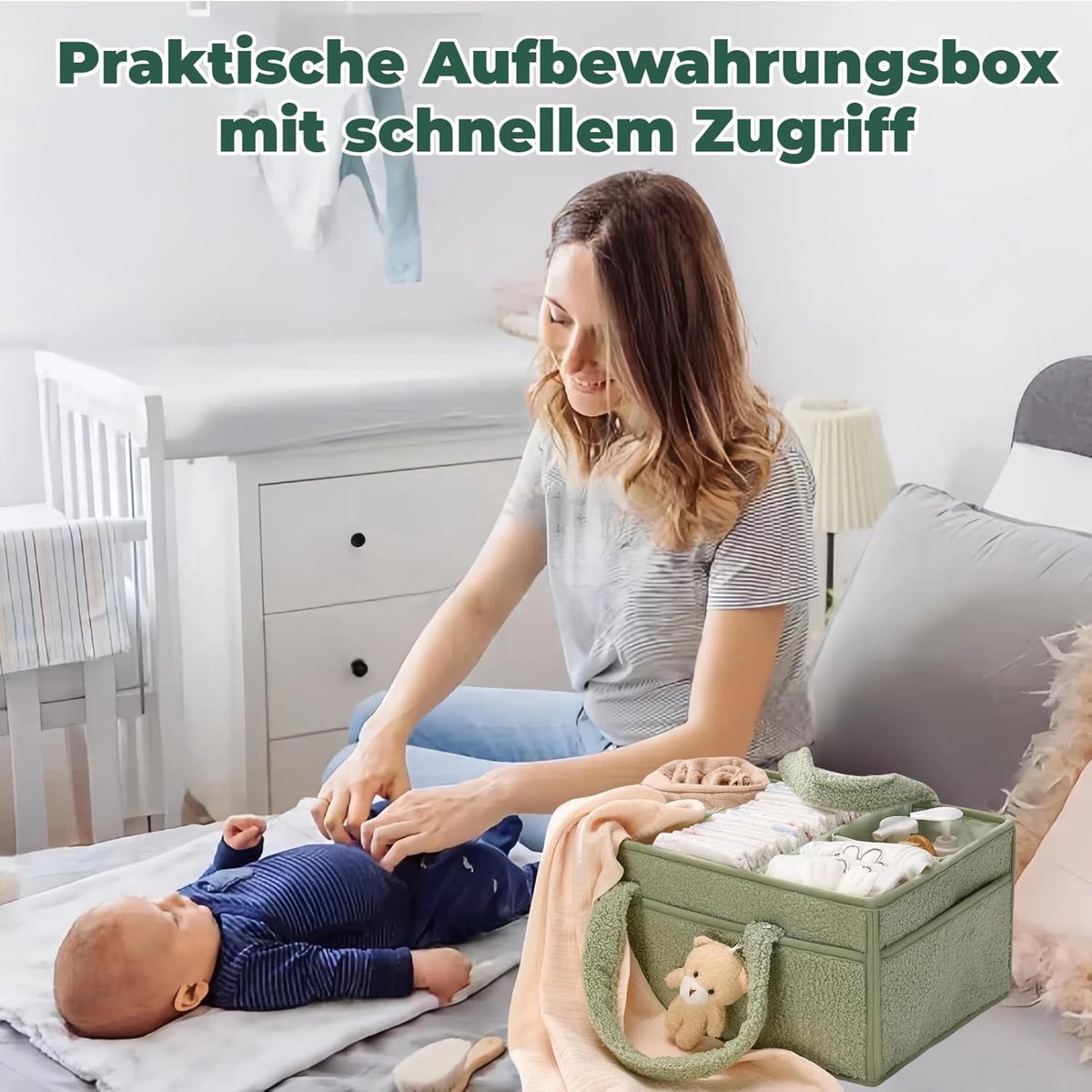 Baby storage basket - portable baby storage basket - felt baby storage - removable compartment - perfect for newborn essentials, storage, and diaper changing - Light green - Image 3