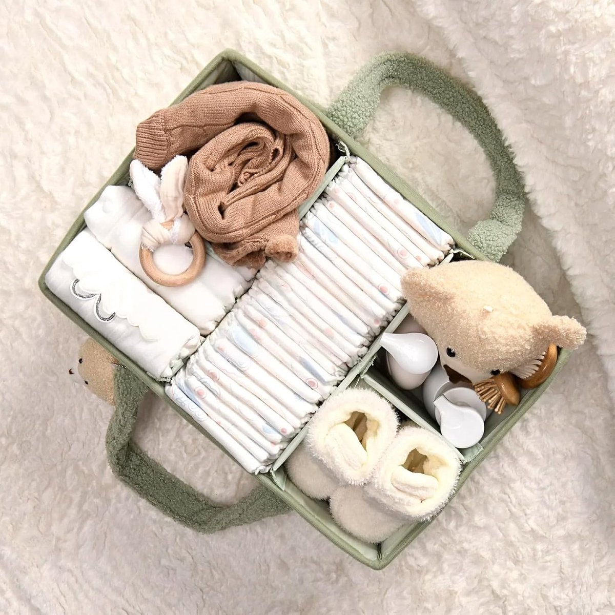 Baby storage basket - portable baby storage basket - felt baby storage - removable compartment - perfect for newborn essentials, storage, and diaper changing - Light green - Image 6