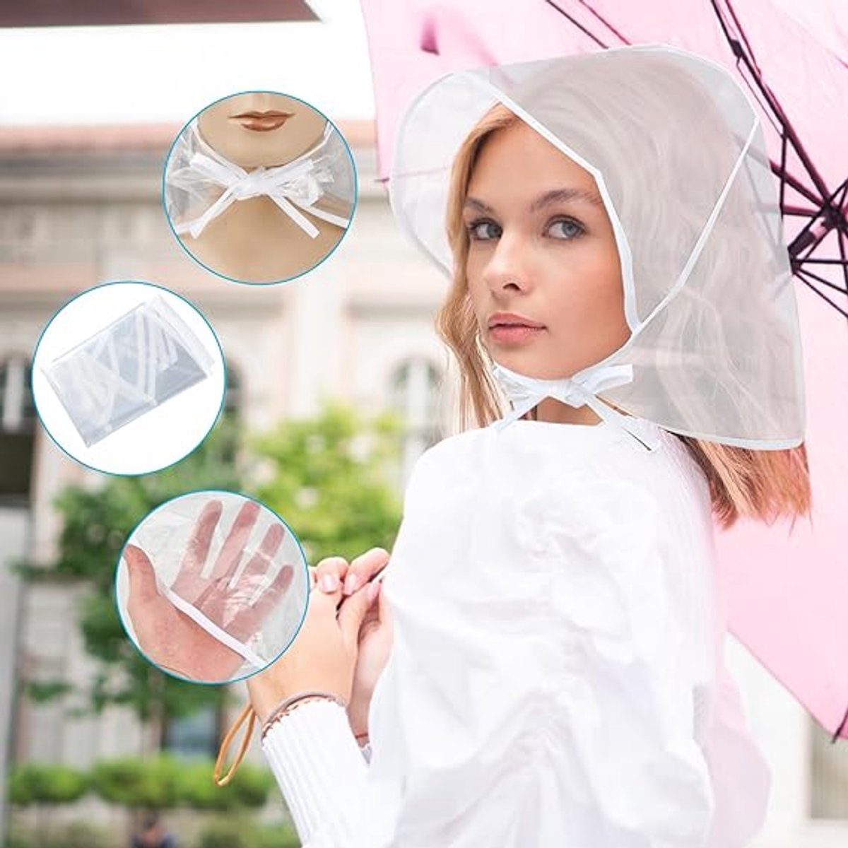 6 pieces - Rain hat - transparent waterproof rain cap - with plastic brim - transparent plastic cover - waterproof cover - protective hood - rain caps for outdoor activities - reusable - rain hat for women - 115*33cm - white - Image 4