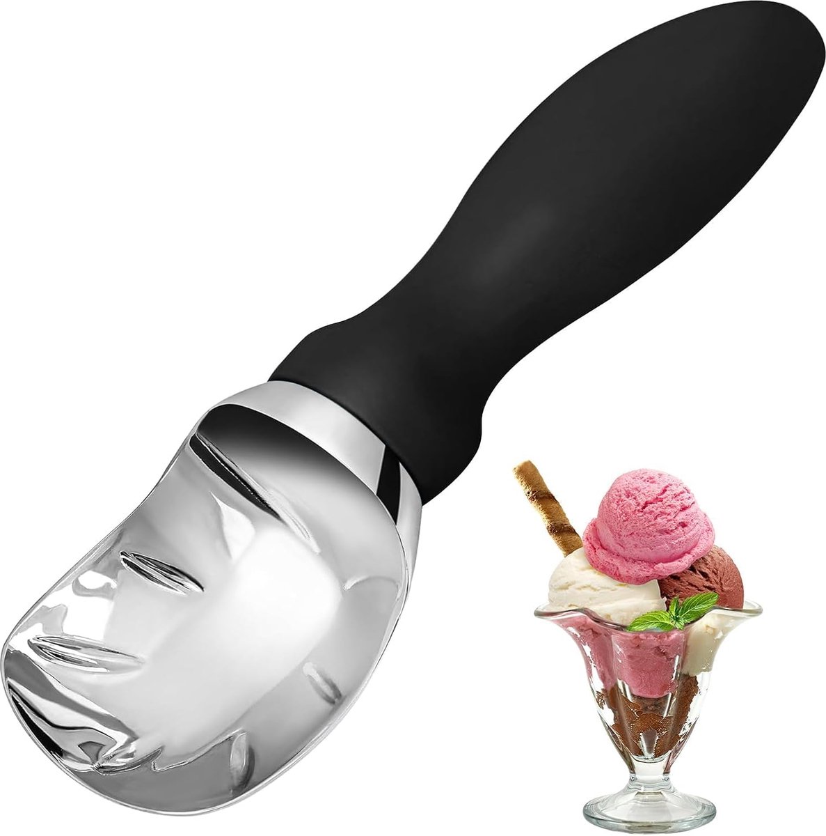 Stainless steel ice cream scoop - 19x5x3cm - ice cream scoop - spoon - comfortable handle - ice cream measuring spoon - for ice cream, melon, meatballs, cake, cookie dough, rice - black - Image 1